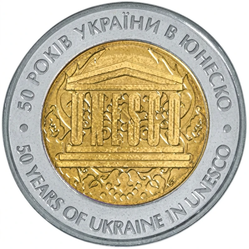 Реверс монети біметалу «Монета 50 років членства України в ЮНЕСКО», 2004 рік, 5 ₴