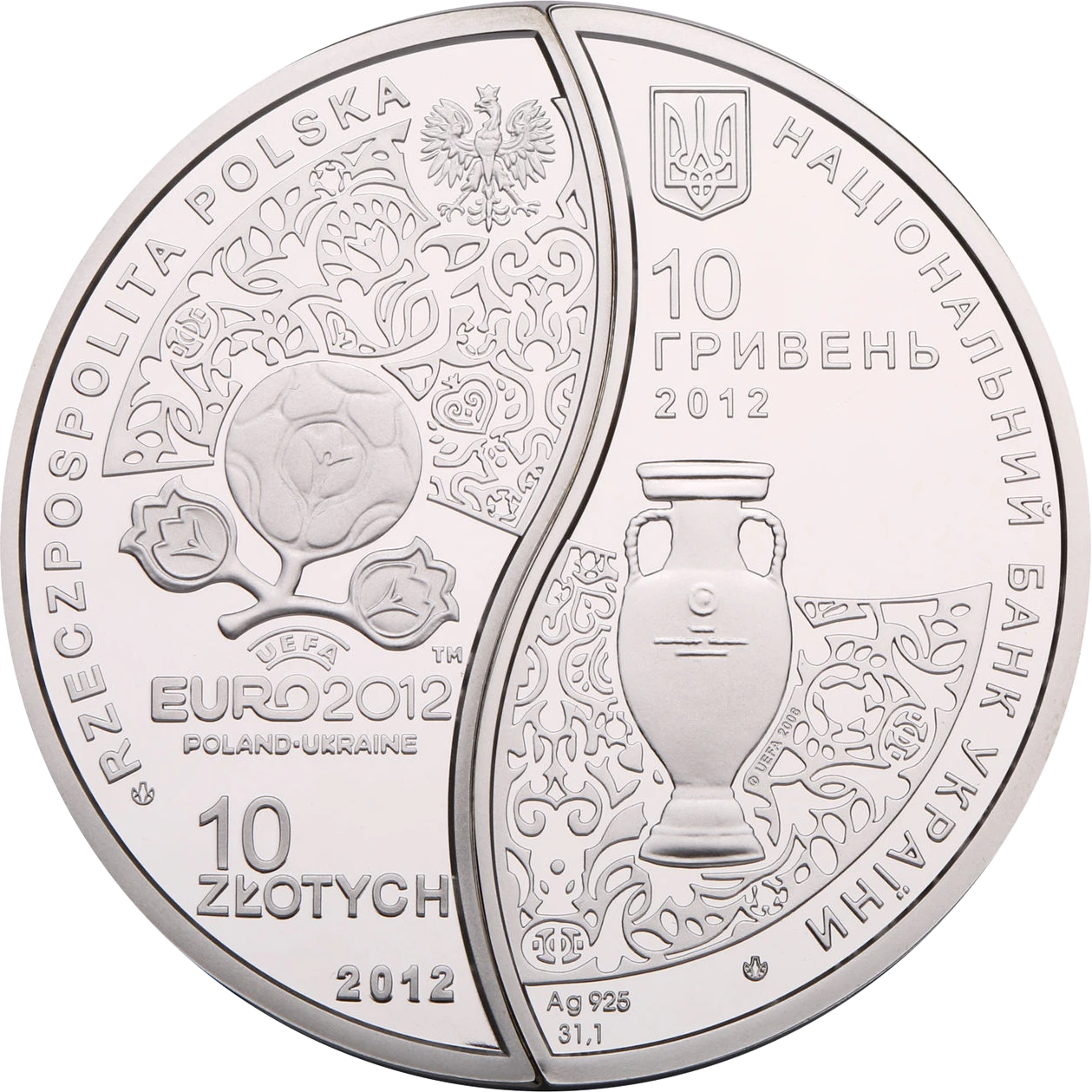 Аверс монети срібла «Срібна монета УЄФА. Євро 2012. Україна-Польща (набір з двох монет, які складаються в коло діаметром 50 мм)», 2012 рік, 10 ₴