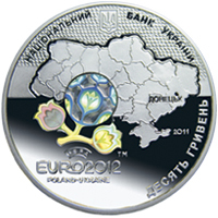 Аверс монети срібла «Срібна монета Фінальний турнір чемпіонату Європи з футболу 2012. Місто Донецьк», 2011 рік, 10 ₴